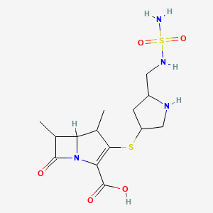 molecular formula C14H22N4O5S2 B8024240 4,6-Dimethyl-7-oxo-3-[5-[(sulfamoylamino)methyl]pyrrolidin-3-yl]sulfanyl-1-azabicyclo[3.2.0]hept-2-ene-2-carboxylic acid 