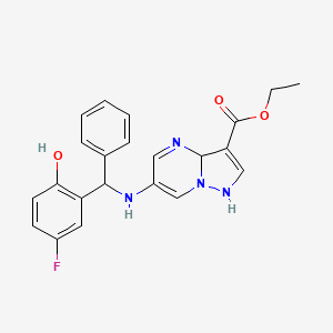 molecular formula C22H21FN4O3 B8025465 Ethyl 6-(((5-fluoro-2-hydroxyphenyl)(phenyl)methyl)amino)-1,3a-dihydropyrazolo[1,5-a]pyrimidine-3-carboxylate 