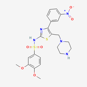 molecular formula C22H25N5O6S2 B8027256 3,4-Dimethoxy-N-(4-(3-nitrophenyl)-5-(piperazin-1-ylmethyl)thiazol-2-yl)benzenesulfonamide CAS No. 1951440-83-7
