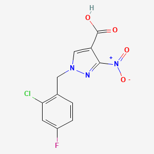 molecular formula C11H7ClFN3O4 B8037325 1-(2-chloro-4-fluorobenzyl)-3-nitro-1H-pyrazole-4-carboxylic acid 