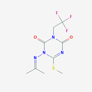 molecular formula C9H11F3N4O2S B8039473 6-Methylsulfanyl-1-(propan-2-ylideneamino)-3-(2,2,2-trifluoroethyl)-1,3,5-triazine-2,4-dione 