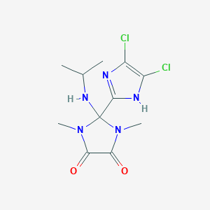 molecular formula C11H15Cl2N5O2 B8040227 2-(4,5-dichloro-1H-imidazol-2-yl)-1,3-dimethyl-2-(propan-2-ylamino)imidazolidine-4,5-dione 