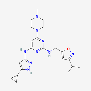 molecular formula C22H31N9O B8049575 4-N-(5-cyclopropyl-1H-pyrazol-3-yl)-6-(4-methylpiperazin-1-yl)-2-N-[(3-propan-2-yl-1,2-oxazol-5-yl)methyl]pyrimidine-2,4-diamine CAS No. 952306-27-3