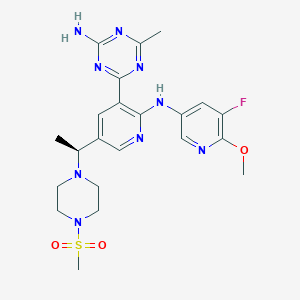 molecular formula C22H28FN9O3S B8049966 4-[2-[(5-fluoro-6-methoxypyridin-3-yl)amino]-5-[(1S)-1-(4-methylsulfonylpiperazin-1-yl)ethyl]pyridin-3-yl]-6-methyl-1,3,5-triazin-2-amine 