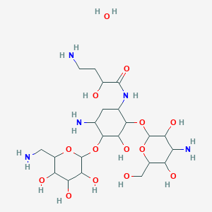 molecular formula C22H45N5O14 B8050843 4-amino-N-[5-amino-2-[4-amino-3,5-dihydroxy-6-(hydroxymethyl)oxan-2-yl]oxy-4-[6-(aminomethyl)-3,4,5-trihydroxyoxan-2-yl]oxy-3-hydroxycyclohexyl]-2-hydroxybutanamide;hydrate 