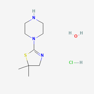 molecular formula C9H20ClN3OS B8051539 5,5-Dimethyl-2-(piperazin-1-yl)-4,5-dihydrothiazole hydrochloride hydrate 