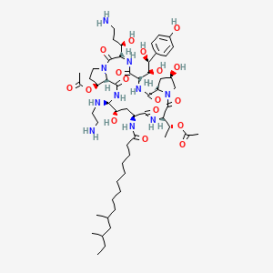 molecular formula C56H92N10O17 B8055174 N-((2R,6S,9S,11R,12S,14aS,15S,20S,23S,25aS)-20-((R)-3-amino-1-hydroxypropyl)-12-((2-aminoethyl)amino)-23-((1S,2S)-1,2-dihydroxy-2-(4-hydroxyphenyl)ethyl)-2,11,15-trihydroxy-6-((R)-1-hydroxyethyl)-5,8,14,19,22,25-hexaoxotetracosahydro-1H-dipyrrolo[2,1-c:2',1'-l][1,4,7,10,13,16]hexaazacyclohenicosin-9-yl)-10,12-dimethyltetradecanamide diacetate 