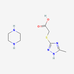 molecular formula C9H17N5O2S B8058701 2-[(5-Methyl-1H-1,2,4-triazol-3-yl)sulfanyl]acetic acid;piperazine 