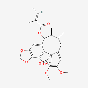 molecular formula C27H30O8 B8058923 (18,19-dimethoxy-13,14-dimethyl-20-oxo-3,6,8-trioxapentacyclo[9.9.1.01,16.04,21.05,9]henicosa-4(21),5(9),10,16,18-pentaen-12-yl) (E)-2-methylbut-2-enoate 