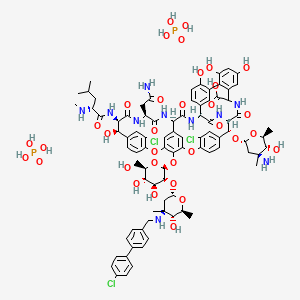 molecular formula C86H103Cl3N10O34P2 B8061684 (1S,2R,18R,19R,22S,25R,28R)-2-[(2R,4S,5R,6S)-4-amino-5-hydroxy-4,6-dimethyloxan-2-yl]oxy-22-(2-amino-2-oxoethyl)-5,15-dichloro-48-[(2S,3R,4S,5S,6R)-3-[(2S,4S,5R,6S)-4-[[4-(4-chlorophenyl)phenyl]methylamino]-5-hydroxy-4,6-dimethyloxan-2-yl]oxy-4,5-dihydroxy-6-(hydroxymethyl)oxan-2-yl]oxy-18,32,35,37-tetrahydroxy-19-[[(2R)-4-methyl-2-(methylamino)pentanoyl]amino]-20,23,26,42,44-pentaoxo-7,13-dioxa-21,24,27,41,43-pentazaoctacyclo[26.14.2.23,6.214,17.18,12.129,33.010,25.034,39]pentaconta-3,5,8,10,12(48),14,16,29(45),30,32,34(39),35,37,46,49-pentadecaene-40-carboxylic acid;phosphoric acid 