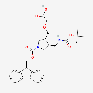 molecular formula C28H34N2O7 B8061885 2-[[(3R,4S)-1-(9H-fluoren-9-ylmethoxycarbonyl)-4-[[(2-methylpropan-2-yl)oxycarbonylamino]methyl]pyrrolidin-3-yl]methoxy]acetic acid 