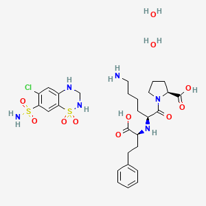 molecular formula C28H43ClN6O11S2 B8062035 (2S)-1-[(2S)-6-amino-2-[[(1S)-1-carboxy-3-phenylpropyl]amino]hexanoyl]pyrrolidine-2-carboxylic acid;6-chloro-1,1-dioxo-3,4-dihydro-2H-1lambda6,2,4-benzothiadiazine-7-sulfonamide;dihydrate 