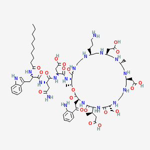 molecular formula C72H113N17O20 B8062494 (3S)-3-[[(2S)-4-amino-2-[[(2S)-2-(decanoylamino)-3-(1H-indol-3-yl)propanoyl]amino]-4-oxobutanoyl]amino]-4-[[(3S,6S,9R,15S,18R,21S,24S,30S,31R)-3-[2-(2-aminophenyl)-2-oxoethyl]-24-(3-aminopropyl)-15,21-bis(carboxymethyl)-6-[(2R)-1-carboxypropan-2-yl]-9-(hydroxymethyl)-18,31-dimethyl-2,5,8,29-tetraoxo-1-oxa-4,7,10,13,16,19,22,25,28-nonazacyclohentriacont-30-yl]amino]-4-oxobutanoic acid 