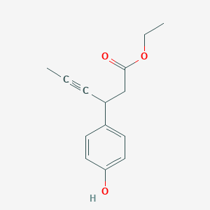 molecular formula C14H16O3 B8065100 3-(4-Hydroxy-phenyl)-hex-4-ynoic acid ethyl ester 