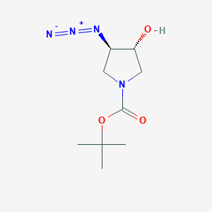 molecular formula C9H16N4O3 B8065701 1-Pyrrolidinecarboxylic acid, 3-azido-4-hydroxy-, 1,1-dimethylethyl ester, (3R,4R)-rel- 