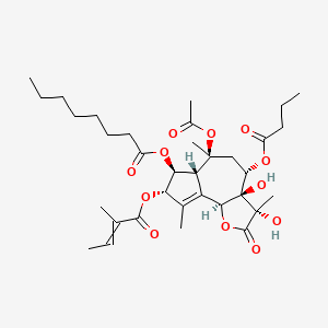 molecular formula C34H50O12 B8065957 octanoic acid [(3S,3aR,4S,6S,6aR,7S,8S,9bS)-6-acetyloxy-3,3a-dihydroxy-3,6,9-trimethyl-8-(2-methyl-1-oxobut-2-enoxy)-2-oxo-4-(1-oxobutoxy)-4,5,6a,7,8,9b-hexahydroazuleno[4,5-b]furan-7-yl] ester 