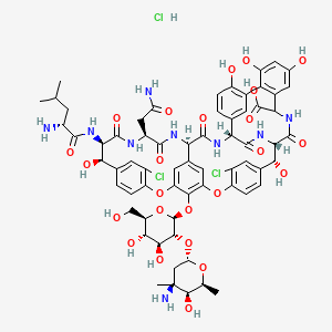 molecular formula C65H74Cl3N9O24 B8068875 (1S,2R,18R,19R,22S,25R,28R)-48-[(2S,3R,4S,5S,6R)-3-[(2S,4S,5S,6S)-4-amino-5-hydroxy-4,6-dimethyloxan-2-yl]oxy-4,5-dihydroxy-6-(hydroxymethyl)oxan-2-yl]oxy-19-[[(2R)-2-amino-4-methylpentanoyl]amino]-22-(2-amino-2-oxoethyl)-5,15-dichloro-2,18,32,35,37-pentahydroxy-20,23,26,42,44-pentaoxo-7,13-dioxa-21,24,27,41,43-pentazaoctacyclo[26.14.2.23,6.214,17.18,12.129,33.010,25.034,39]pentaconta-3,5,8(48),9,11,14,16,29(45),30,32,34(39),35,37,46,49-pentadecaene-40-carboxylic acid;hydrochloride 