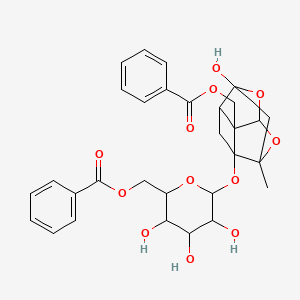molecular formula C30H32O12 B8069449 [6-[[2-(Benzoyloxymethyl)-6-hydroxy-8-methyl-9,10-dioxatetracyclo[4.3.1.02,5.03,8]decan-3-yl]oxy]-3,4,5-trihydroxyoxan-2-yl]methyl benzoate 