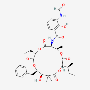 molecular formula C36H46N2O12 B8069802 N-[(3S,6S,7R,10S,14R,15R)-15-benzyl-10-[(2S)-butan-2-yl]-14-hydroxy-7,13,13-trimethyl-2,5,9,12-tetraoxo-3-propan-2-yl-1,4,8,11-tetraoxacyclopentadec-6-yl]-3-formamido-2-hydroxybenzamide 
