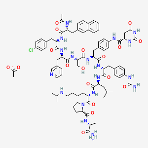 molecular formula C84H107ClN18O18 B8069864 [(2R)-2-[[(2S)-1-[(2S)-2-[[(2S)-2-[[(2R)-2-[[(2S)-2-[[(2S)-2-[[(2R)-2-[[(2R)-2-[[(2R)-2-acetamido-3-naphthalen-2-ylpropanoyl]amino]-3-(4-chlorophenyl)propanoyl]amino]-3-pyridin-3-ylpropanoyl]amino]-3-hydroxypropanoyl]amino]-3-[4-[[(4S)-2,6-dioxo-1,3-diazinane-4-carbonyl]amino]phenyl]propanoyl]amino]-3-[4-(carbamoylamino)phenyl]propanoyl]amino]-4-methylpentanoyl]amino]-6-(propan-2-ylamino)hexanoyl]pyrrolidine-2-carbonyl]amino]propanoyl]azanium;acetate 