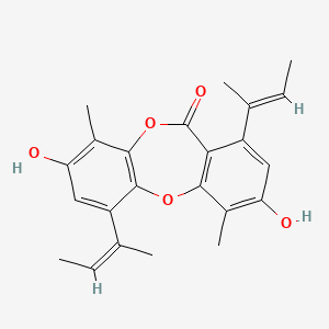 molecular formula C23H24O5 B8070009 7-[(E)-but-2-en-2-yl]-1-[(Z)-but-2-en-2-yl]-3,9-dihydroxy-4,10-dimethylbenzo[b][1,4]benzodioxepin-6-one 