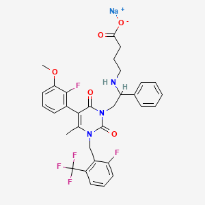 molecular formula C32H29F5N3NaO5 B8070319 Sodium;4-[[2-[5-(2-fluoro-3-methoxyphenyl)-3-[[2-fluoro-6-(trifluoromethyl)phenyl]methyl]-4-methyl-2,6-dioxopyrimidin-1-yl]-1-phenylethyl]amino]butanoate 