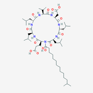 molecular formula C53H93N7O13 B8071272 Cyclo(L-alpha-aspartyl-D-leucyl-L-leucyl-3-hydroxy-13-methyltetradecanoyl-L-alpha-glutamyl-L-leucyl-D-leucyl-L-valyl) 