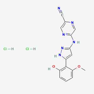 molecular formula C15H14Cl2N6O2 B8071937 5-((5-(2-hydroxy-6-methoxyphenyl)-1H-pyrazol-3-yl)amino)pyrazine-2-carbonitrile dihydrochloride 
