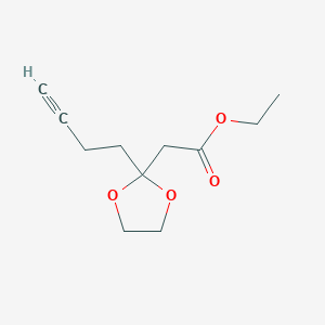 molecular formula C11H16O4 B8073260 Ethyl 2-(2-but-3-ynyl-1,3-dioxolan-2-yl)acetate 