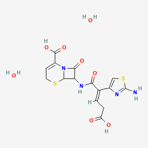 molecular formula C15H18N4O8S2 B8073855 7-[[(E)-2-(2-amino-1,3-thiazol-4-yl)-4-carboxybut-2-enoyl]amino]-8-oxo-5-thia-1-azabicyclo[4.2.0]oct-2-ene-2-carboxylic acid;dihydrate 