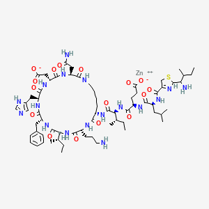 molecular formula C66H101N17O16SZn B8081726 zinc;(4R)-4-[[(2S)-2-[[2-(1-amino-2-methylbutyl)-2,5-dihydro-1,3-thiazole-4-carbonyl]amino]-4-methylpentanoyl]amino]-5-[[(2S,3S)-1-[[(3S,6R,9S,12R,15S,18R,21S)-3-(2-amino-2-oxoethyl)-18-(3-aminopropyl)-12-benzyl-15-[(2S)-butan-2-yl]-6-(carboxylatomethyl)-9-(1H-imidazol-5-ylmethyl)-2,5,8,11,14,17,20-heptaoxo-1,4,7,10,13,16,19-heptazacyclopentacos-21-yl]amino]-3-methyl-1-oxopentan-2-yl]amino]-5-oxopentanoate 