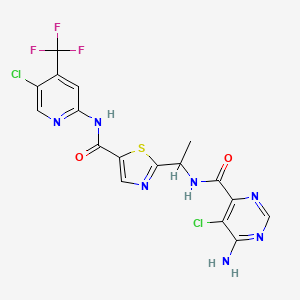 molecular formula C17H12Cl2F3N7O2S B8082026 4-Pyrimidinecarboxamide, 6-amino-5-chloro-N-[(1R)-1-[5-[[[5-chloro-4-(trifluoromethyl)-2-pyridinyl]amino]carbonyl]-2-thiazolyl]ethyl]- 