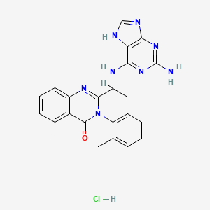 molecular formula C23H23ClN8O B8082066 2-[1-[(2-amino-7H-purin-6-yl)amino]ethyl]-5-methyl-3-(2-methylphenyl)quinazolin-4-one;hydrochloride 