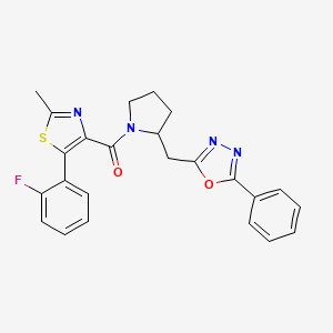molecular formula C24H21FN4O2S B8082329 [5-(2-Fluorophenyl)-2-methyl-1,3-thiazol-4-yl]-[2-[(5-phenyl-1,3,4-oxadiazol-2-yl)methyl]pyrrolidin-1-yl]methanone 