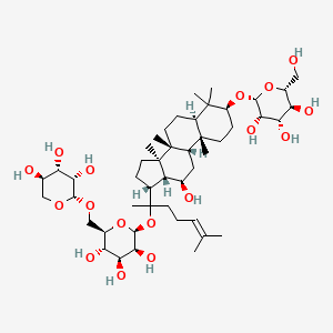 molecular formula C47H80O17 B8082386 (2R,3S,4S,5S,6R)-2-(hydroxymethyl)-6-[[(3S,5R,8R,9S,10R,12R,13R,14R,17R)-12-hydroxy-4,4,8,10,14-pentamethyl-17-[6-methyl-2-[(2S,3S,4S,5S,6R)-3,4,5-trihydroxy-6-[[(2S,3S,4S,5R)-3,4,5-trihydroxyoxan-2-yl]oxymethyl]oxan-2-yl]oxyhept-5-en-2-yl]-2,3,5,6,7,9,11,12,13,15,16,17-dodecahydro-1H-cyclopenta[a]phenanthren-3-yl]oxy]oxane-3,4,5-triol 