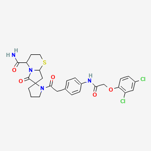 molecular formula C27H28Cl2N4O5S B8082476 1'-[2-[4-[[2-(2,4-dichlorophenoxy)acetyl]amino]phenyl]acetyl]-6-oxospiro[3,4,8,8a-tetrahydro-2H-pyrrolo[2,1-b][1,3]thiazine-7,2'-pyrrolidine]-4-carboxamide 
