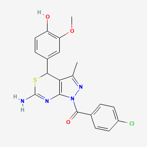 molecular formula C20H17ClN4O3S B8083456 4-(1-(4-Chlorobenzoyl)-6-imino-3-methyl-1,4,6,7-tetrahydropyrazolo[3,4-d][1,3]thiazin-4-yl)-2-methoxyphenol 