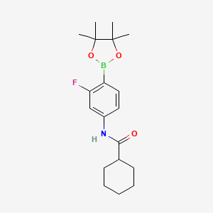 molecular formula C19H27BFNO3 B8083739 Cyclohexanecarboxamide, N-[3-fluoro-4-(4,4,5,5-tetramethyl-1,3,2-dioxaborolan-2-yl)phenyl]- 