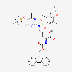 molecular formula C45H58N4O8SSi B8084631 (2S)-5-[[5-[tert-butyl(dimethyl)silyl]oxy-4,6-dimethylpyrimidin-2-yl]-[(2,2,4,6,7-pentamethyl-3H-1-benzofuran-5-yl)sulfonyl]amino]-2-(9H-fluoren-9-ylmethoxycarbonylamino)pentanoic acid 