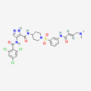 molecular formula C28H30Cl3N7O5S B8087075 (E)-N-(1-((3-(4-(Dimethylamino)but-2-enamido)phenyl)sulfonyl)piperidin-4-yl)-4-(2,4,6-trichlorobenzamido)-1H-pyrazole-3-carboxamide 