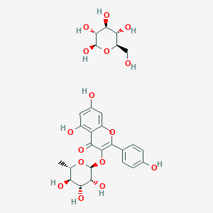 molecular formula C27H32O16 B8087282 5,7-dihydroxy-2-(4-hydroxyphenyl)-3-[(2S,3R,4R,5R,6S)-3,4,5-trihydroxy-6-methyloxan-2-yl]oxychromen-4-one;(2R,3R,4S,5S,6R)-6-(hydroxymethyl)oxane-2,3,4,5-tetrol 