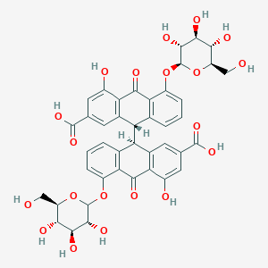 molecular formula C42H38O20 B8087290 (9R)-9-[(9S)-2-carboxy-4-hydroxy-10-oxo-5-[(2S,3R,4S,5S,6R)-3,4,5-trihydroxy-6-(hydroxymethyl)oxan-2-yl]oxy-9H-anthracen-9-yl]-4-hydroxy-10-oxo-5-[(3R,4S,5S,6R)-3,4,5-trihydroxy-6-(hydroxymethyl)oxan-2-yl]oxy-9H-anthracene-2-carboxylic acid 