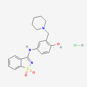 molecular formula C19H22ClN3O3S B8087716 4-[(1,1-Dioxido-1,2-benzothiazol-3-yl)amino]-2-(piperidin-1-ylmethyl)phenol (HCl) 