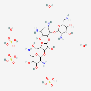 molecular formula C23H58N6O28S3 B8088699 5-Amino-2-(aminomethyl)-6-[4,6-diamino-2-[4-[3-amino-6-(aminomethyl)-4,5-dihydroxyoxan-2-yl]oxy-3-hydroxy-5-(hydroxymethyl)oxolan-2-yl]oxy-3-hydroxycyclohexyl]oxyoxane-3,4-diol;sulfuric acid;trihydrate 