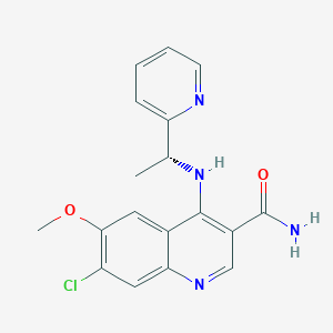 molecular formula C18H17ClN4O2 B8090939 (R)-7-chloro-6-methoxy-4-((1-(pyridin-2-yl)ethyl)amino)quinoline-3-carboxamide 