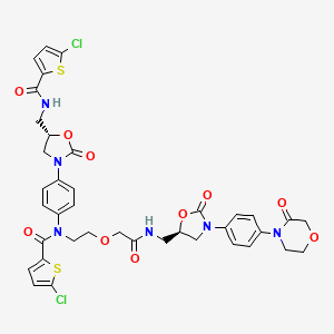 molecular formula C38H36Cl2N6O10S2 B8091205 5-chloro-N-(4-((S)-5-((5-chlorothiophene-2-carboxamido)methyl)-2-oxooxazolidin-3-yl)phenyl)-N-(2-(2-oxo-2-((((R)-2-oxo-3-(4-(3-oxomorpholino)phenyl)oxazolidin-5-yl)methyl)amino)ethoxy)ethyl)thiophene-2-carboxamide 