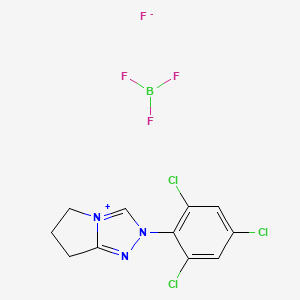 molecular formula C11H9BCl3F4N3 B8092284 6,7-Dihydro-2-(2,4,6-trichlorophenyl)-5H-Pyrrolo[2,1-c]-1,2,4-triazolium tetrafluoroborate 