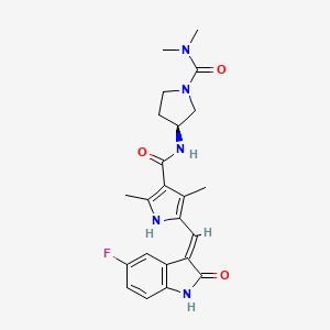 molecular formula C23H26FN5O3 B8093341 N-[(3S)-1-(dimethylcarbamoyl)pyrrolidin-3-yl]-5-[(E)-(5-fluoro-2-oxo-1H-indol-3-ylidene)methyl]-2,4-dimethyl-1H-pyrrole-3-carboxamide 