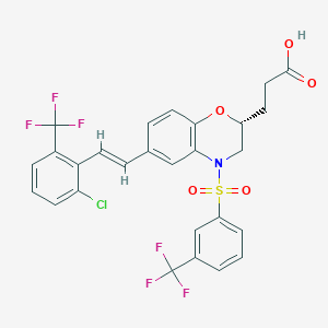 molecular formula C27H20ClF6NO5S B8096359 3-[(2R)-6-[(E)-2-[2-chloro-6-(trifluoromethyl)phenyl]ethenyl]-4-[3-(trifluoromethyl)benzenesulfonyl]-3,4-dihydro-2H-1,4-benzoxazin-2-yl]propanoic acid 
