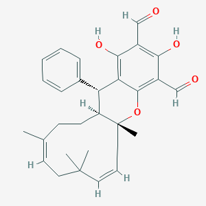 molecular formula C30H34O5 B8099228 (1S,4Z,8Z,11R,19R)-15,17-dihydroxy-4,7,7,11-tetramethyl-19-phenyl-12-oxatricyclo[9.8.0.013,18]nonadeca-4,8,13,15,17-pentaene-14,16-dicarbaldehyde 